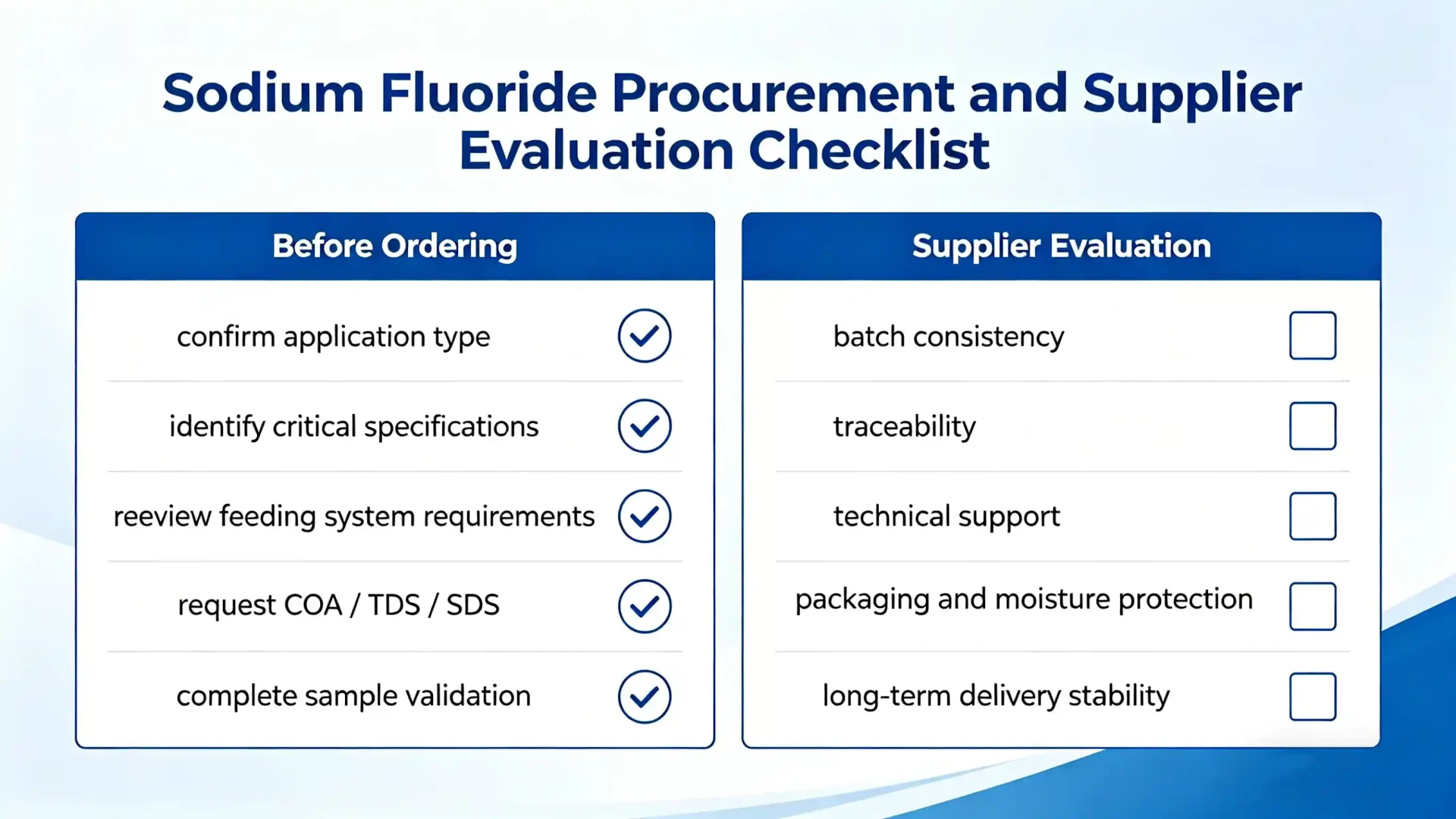 Buyer checklist for reducing sodium fluoride selection errors