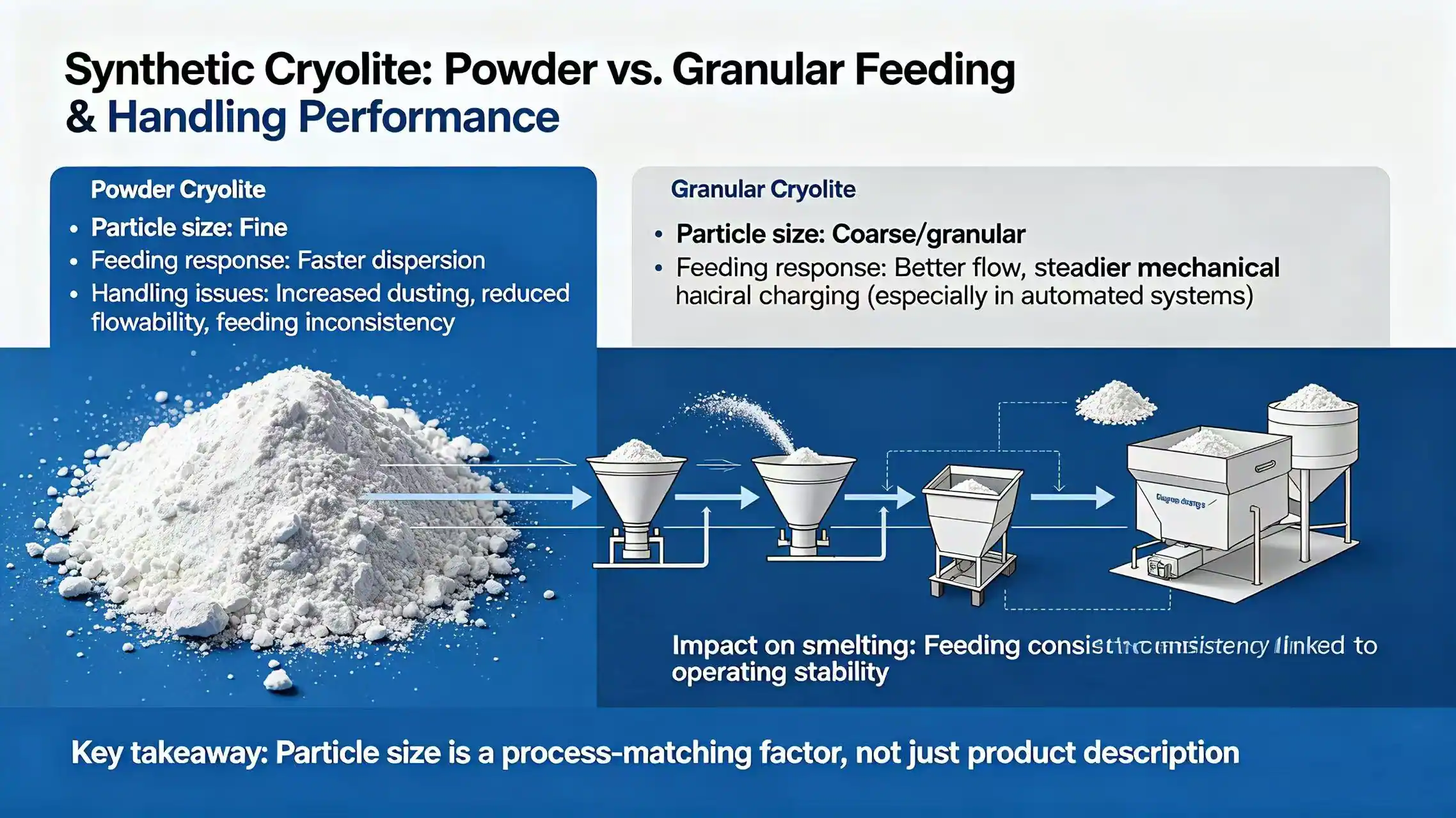 Powder and granular synthetic cryolite comparison for feeding and handling performance.
