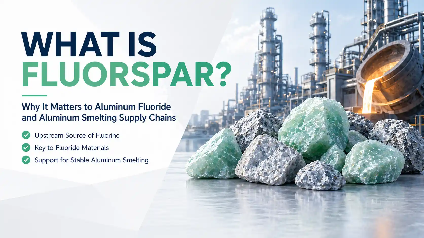 What is fluorspar cover image showing fluorite minerals, chemical plant and aluminum smelting supply chain