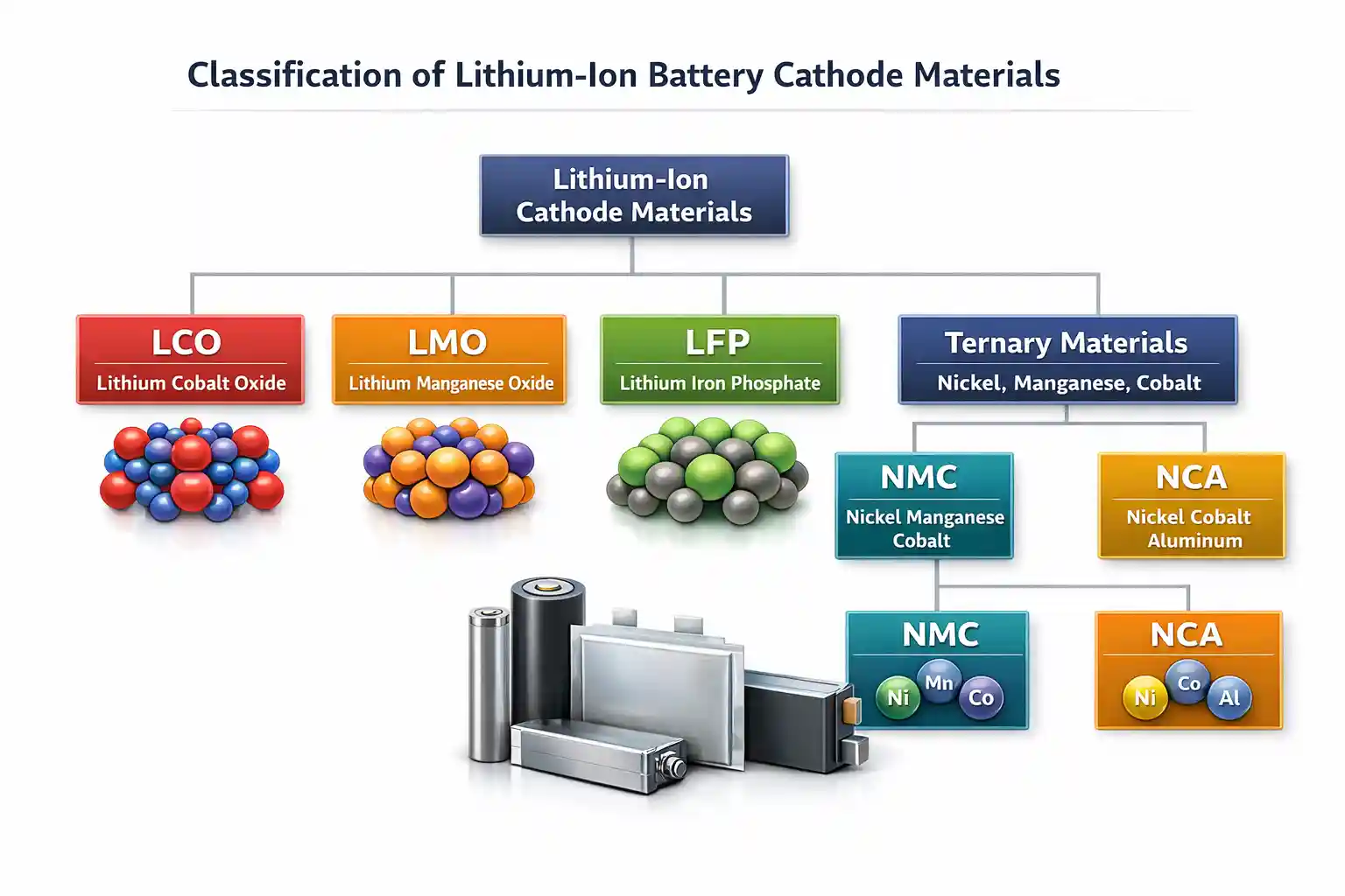 Classification overview of lithium-ion battery cathode materials including LCO, LMO, LFP, NMC, and NCA