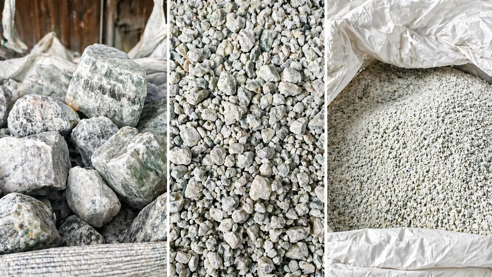 Different fluorspar particle sizes showing lump fluorspar and granular fluorspar for industrial applications