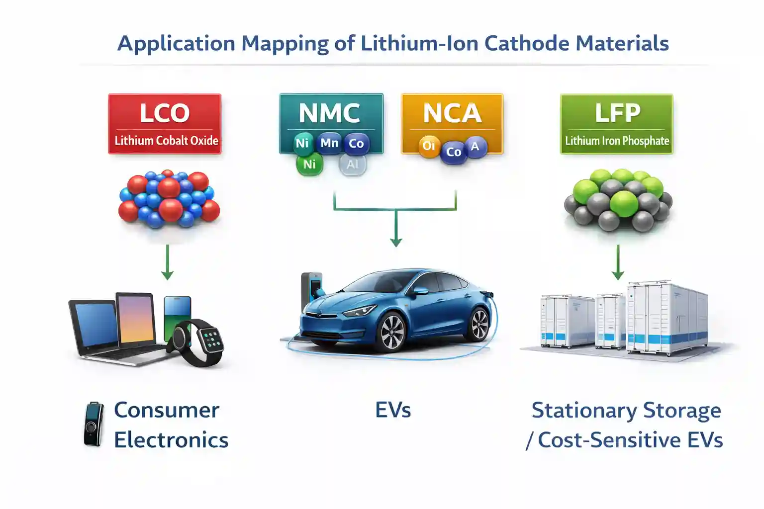 Application mapping of lithium-ion cathode materials for consumer electronics electric vehicles and stationary storage
