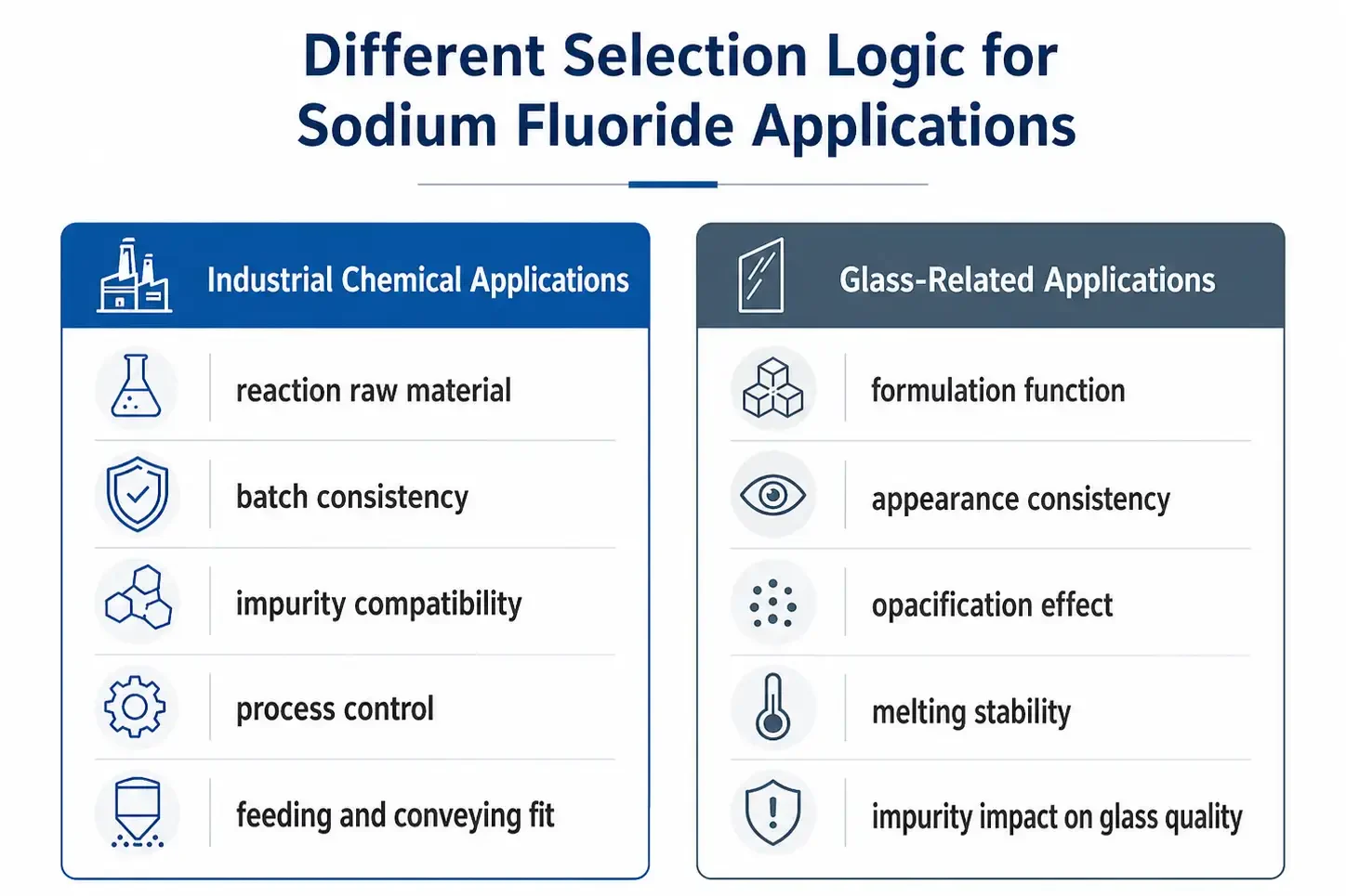 Comparison of sodium fluoride selection logic in industrial chemical and glass-related applications