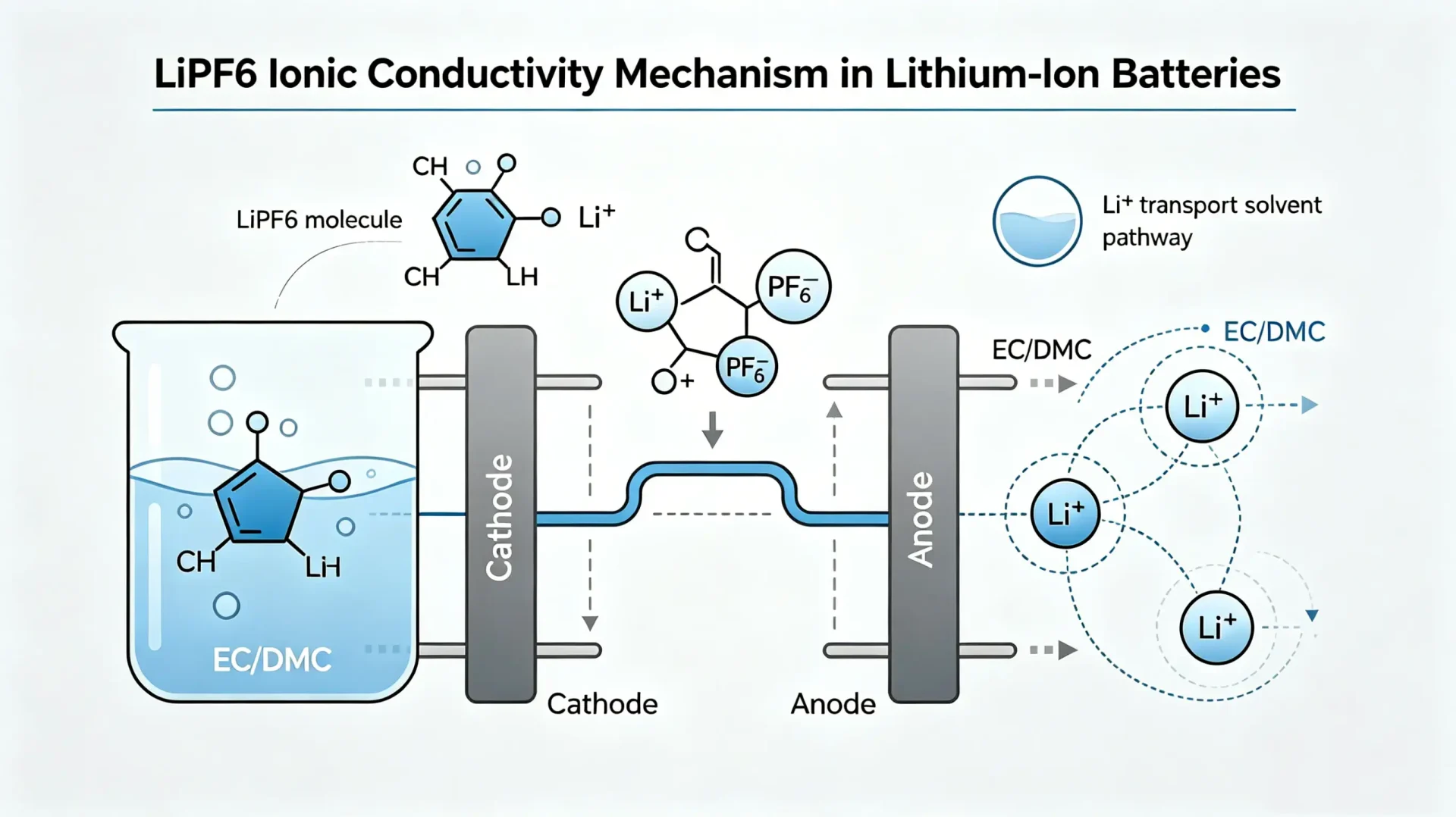 LiPF6 dissociation mechanism and lithium ion conductivity in battery electrolyte