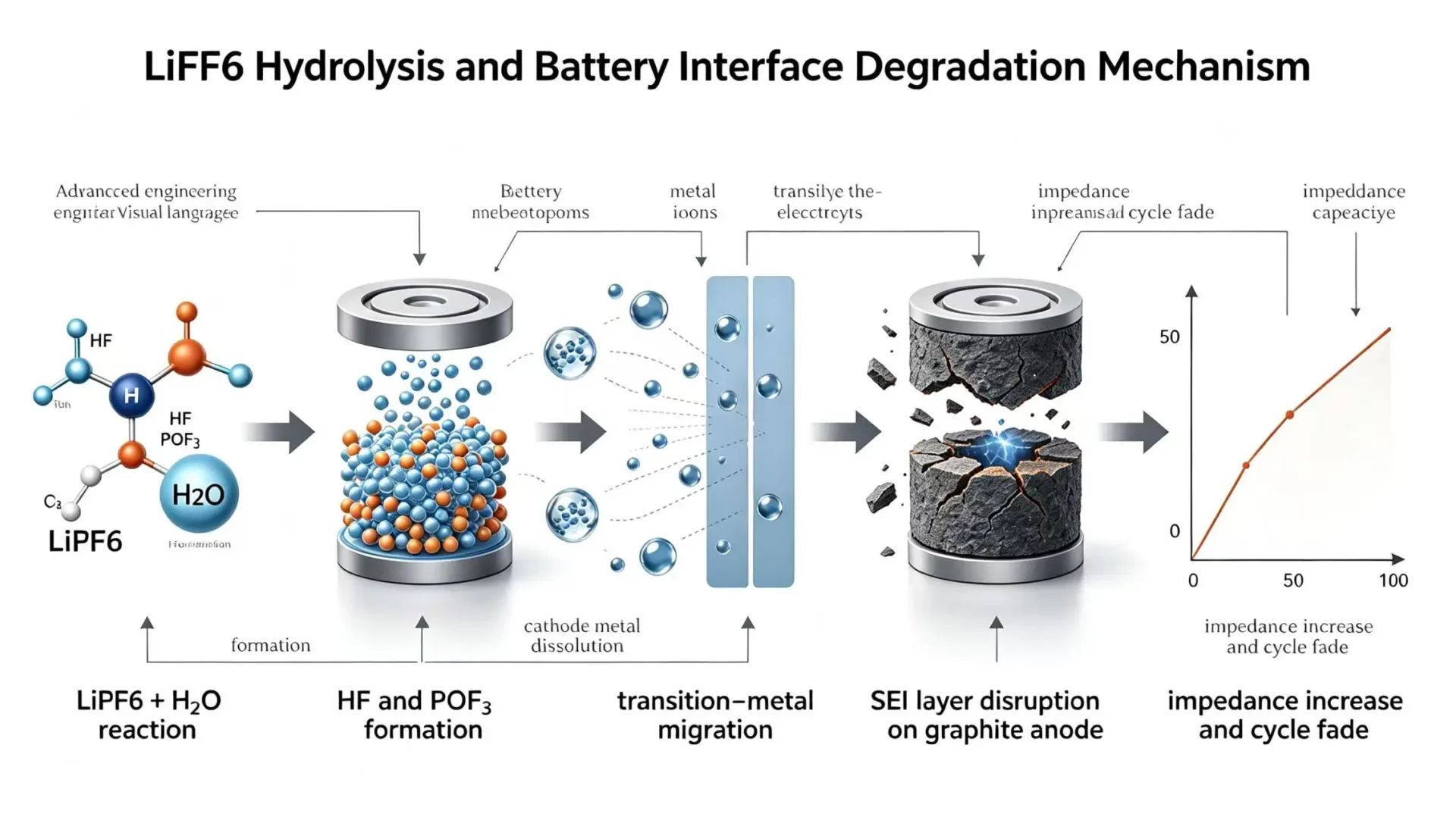 LiPF6 hydrolysis pathway causing HF formation and SEI degradation