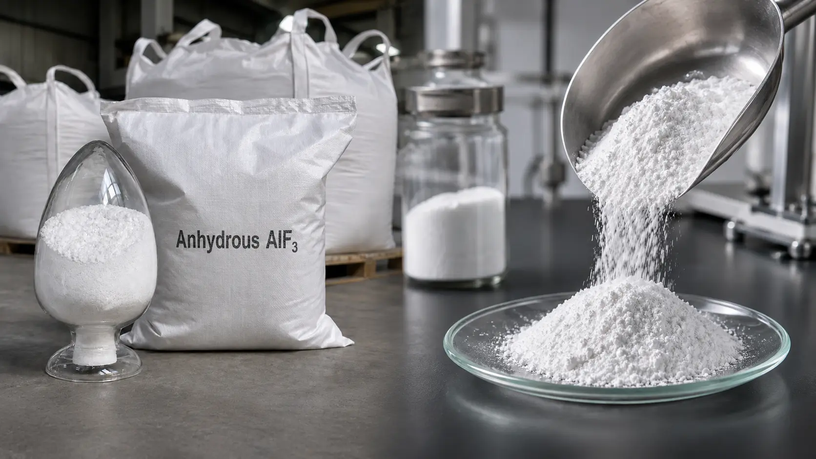 Anhydrous aluminum fluoride powder products showing packaged material and powder handling in an industrial setting