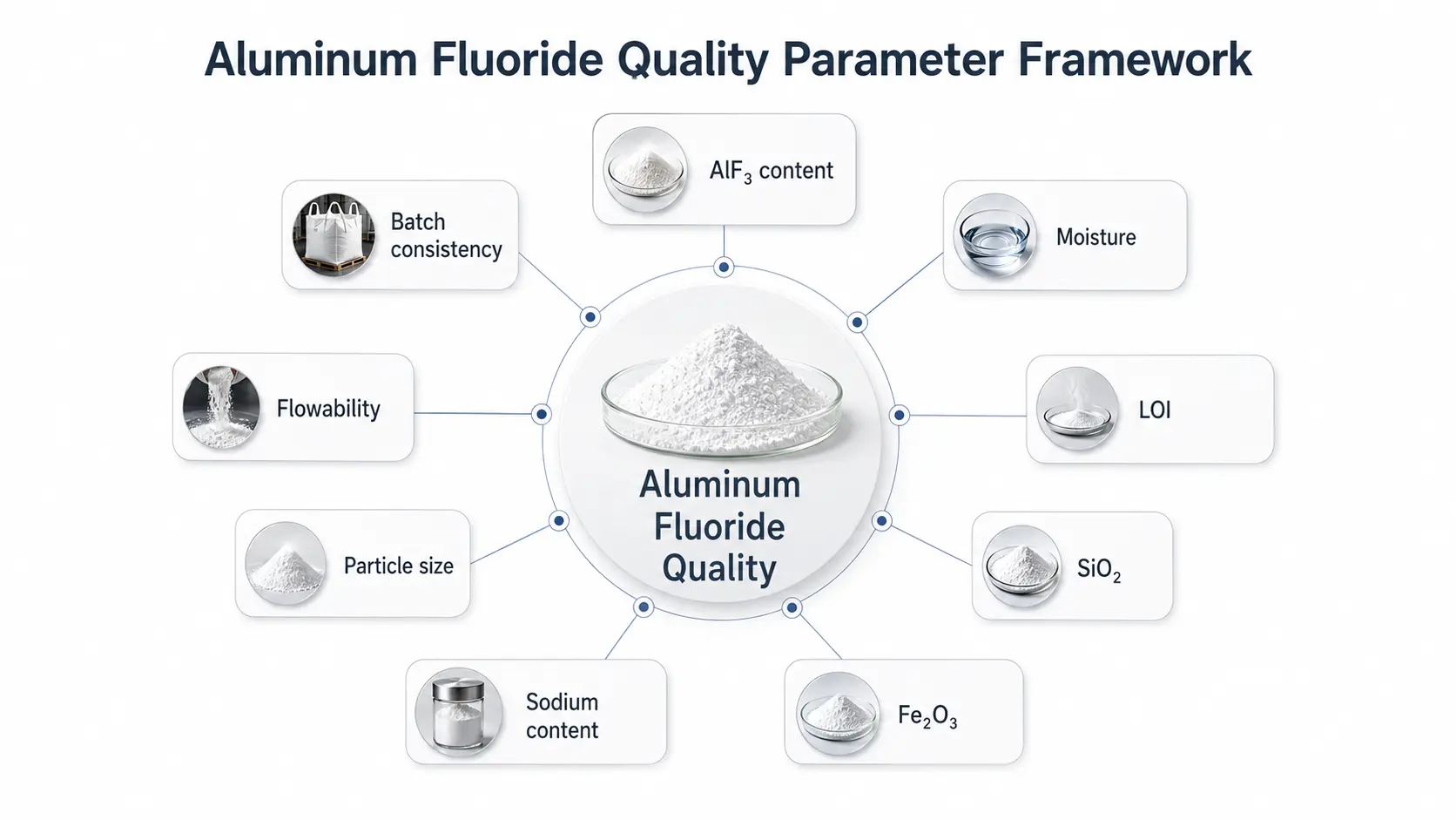 Key aluminum fluoride quality parameters including moisture LOI impurities particle size and batch consistency