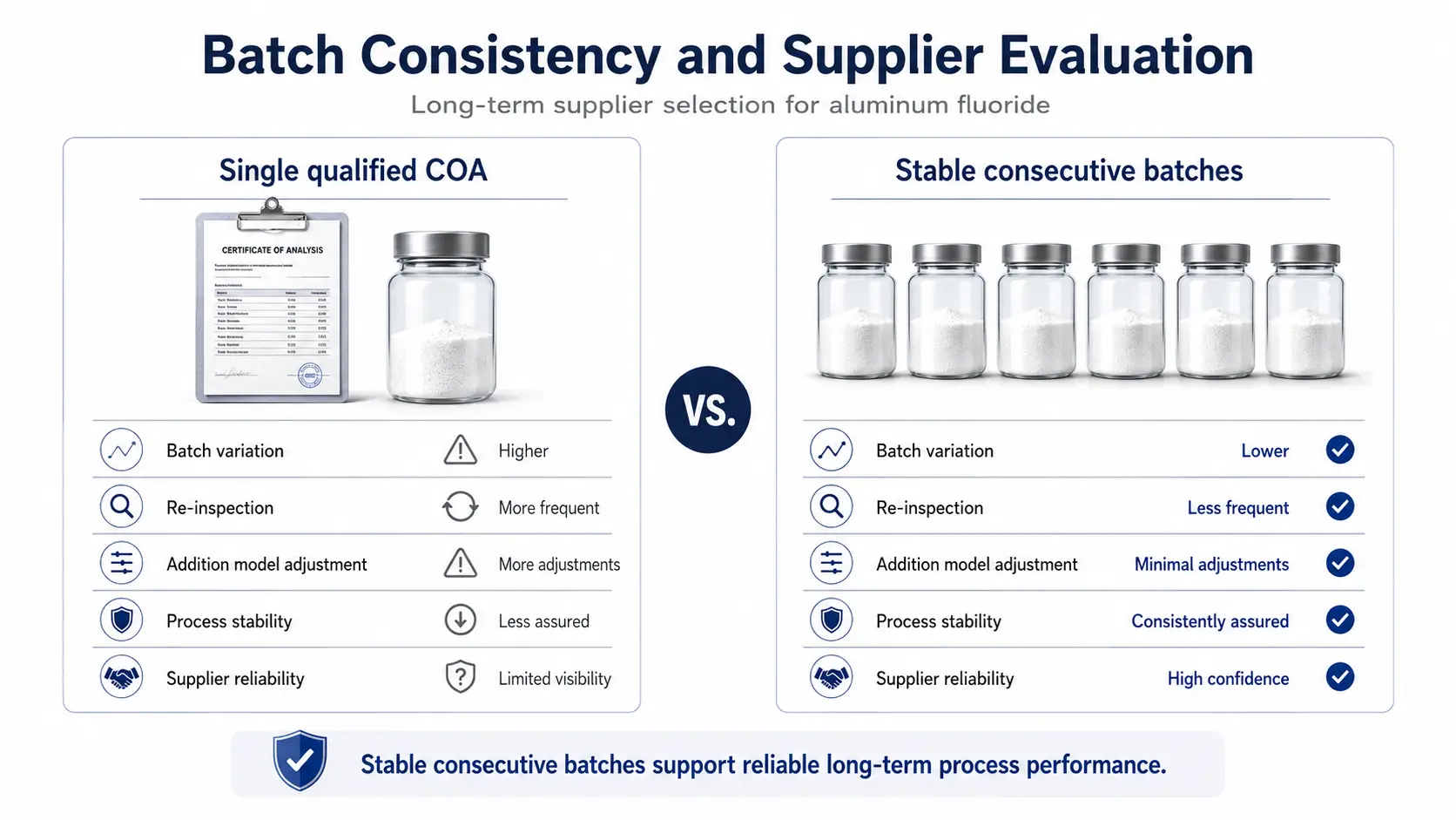 Batch consistency evaluation for long term aluminum fluoride supplier selection