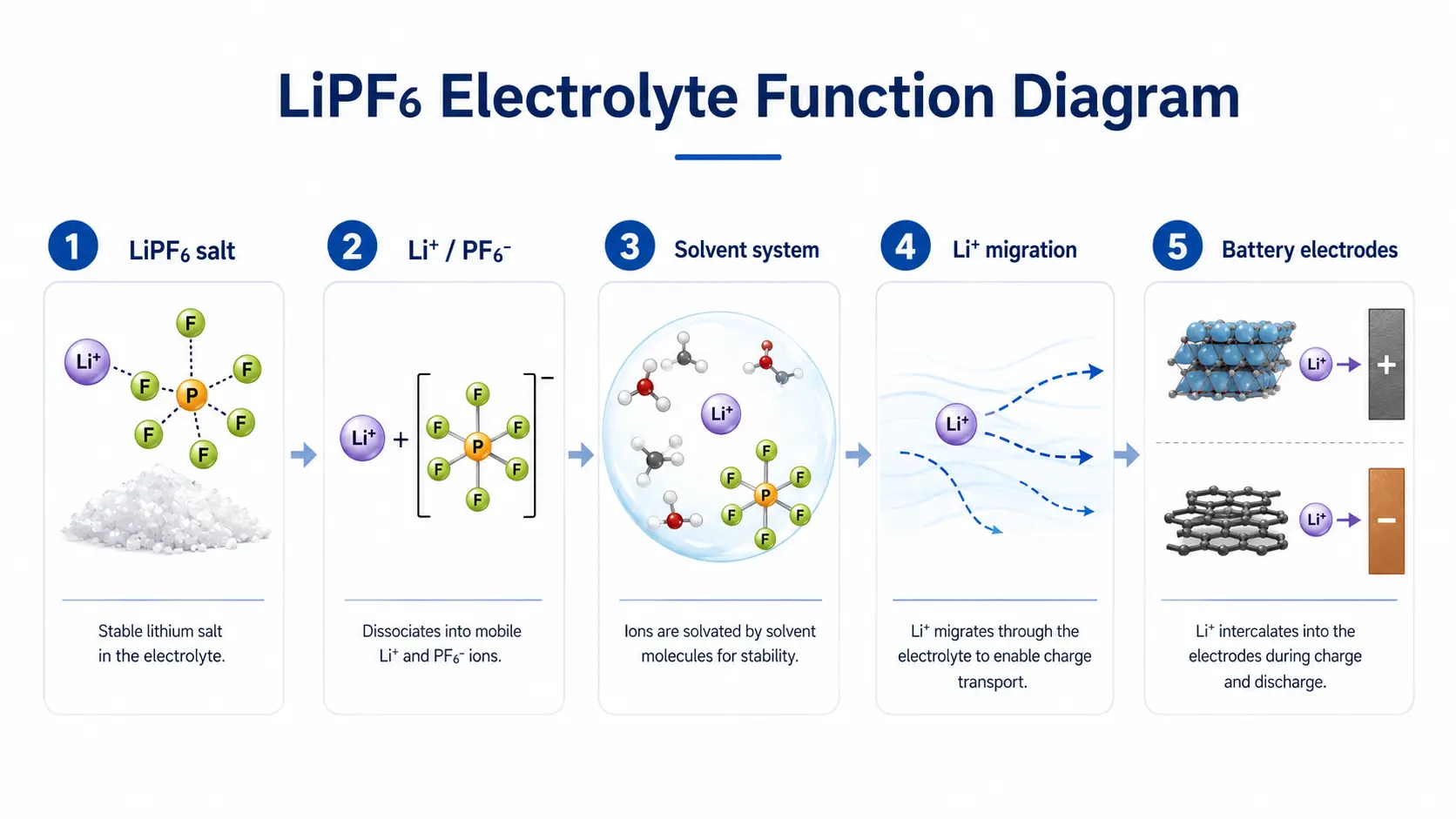 LiPF6 electrolyte salt function showing lithium ion transport in battery electrolyte