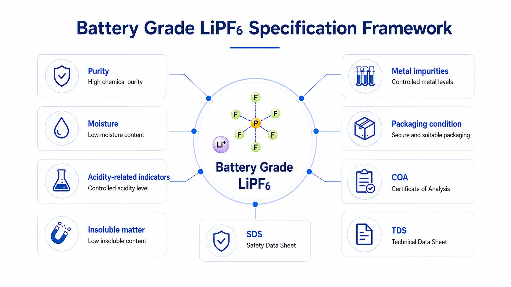 battery grade lithium hexafluorophosphate specifications including purity moisture impurities and packaging