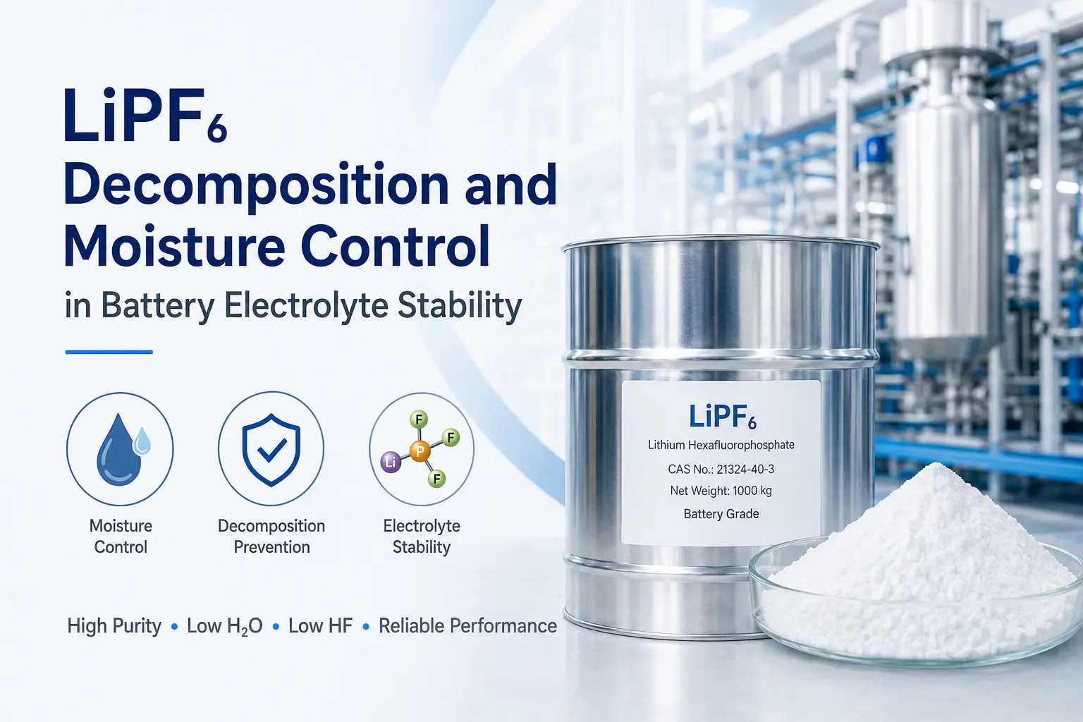 LiPF6 decomposition and moisture control in lithium-ion battery electrolyte stability, featuring lithium hexafluorophosphate powder, low H2O and HF control, and battery-grade electrolyte materials.