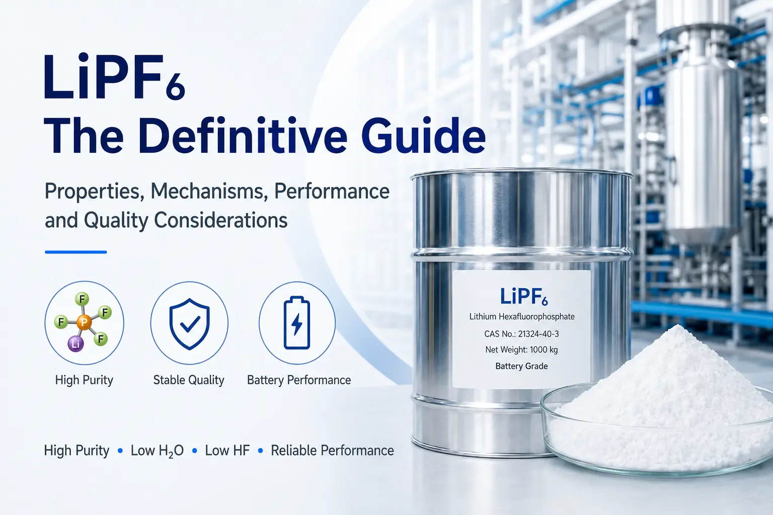 LiPF6 electrolyte salt for lithium-ion batteries with moisture control and industrial battery material packaging