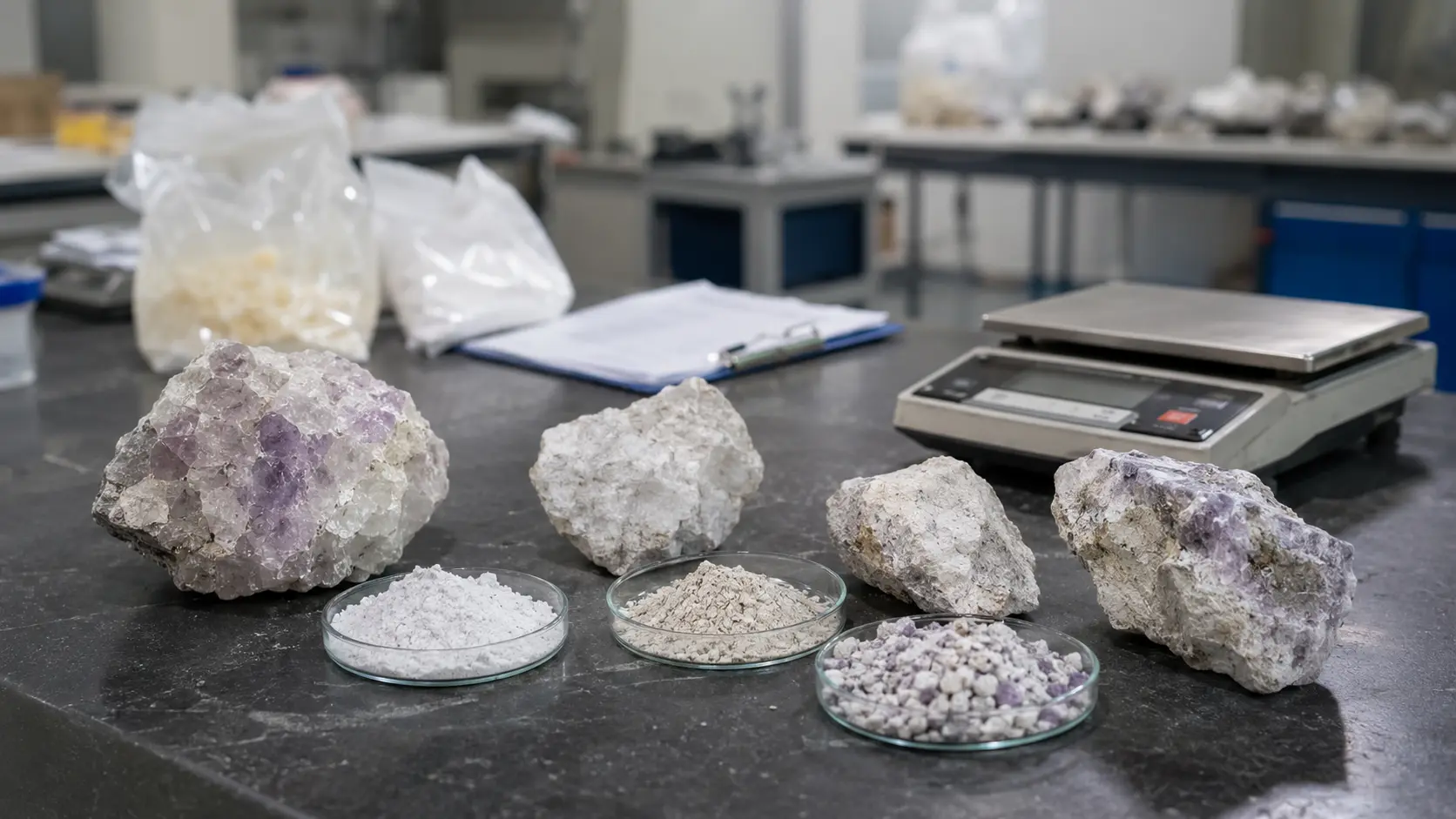 Fluorspar rock, powder, and granule samples prepared for composition review and grade evaluation in an industrial laboratory setting