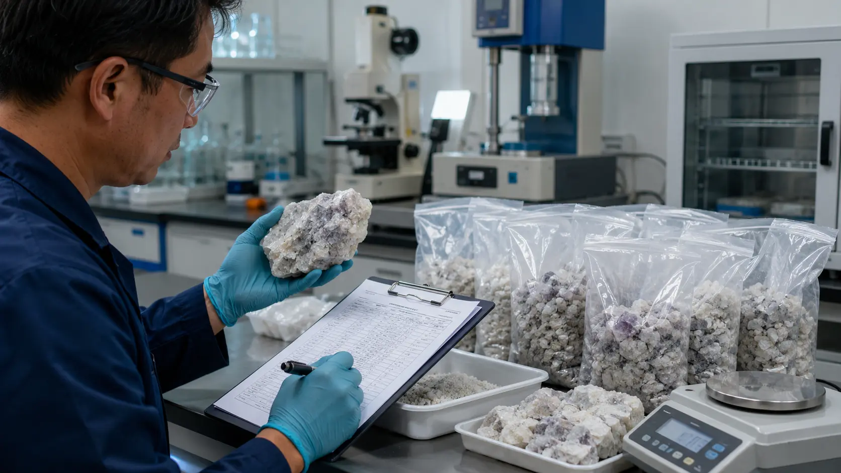 Technician inspecting fluorspar samples with test records and weighing equipment for CaF₂ grade, impurity, and batch quality review