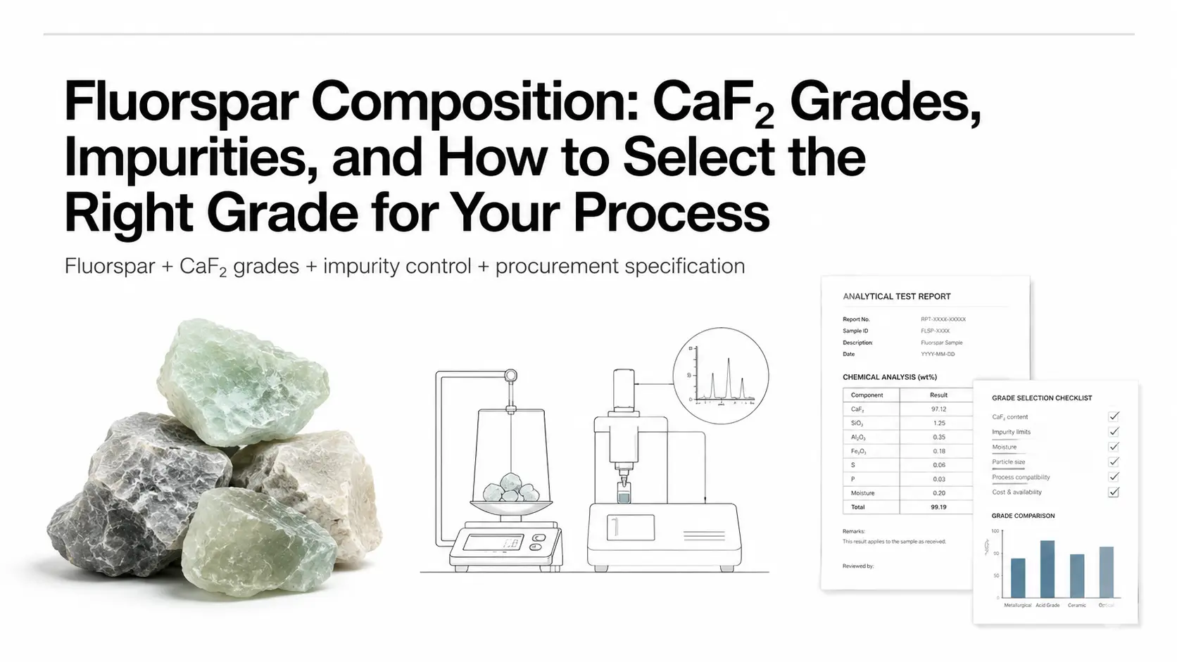 Fluorspar composition cover showing raw fluorspar, lab testing equipment, and reports for CaF2 grade and impurity review