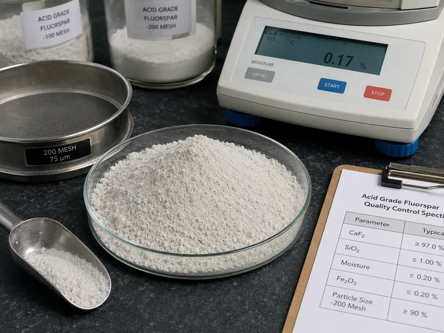 Acid grade fluorspar specification testing with powder sample, sieve, moisture analyzer, and quality control sheet for CaF2, SiO2, and moisture