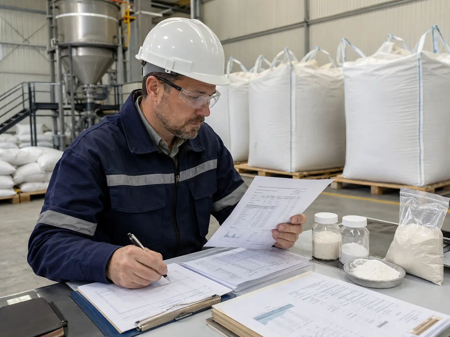 Chinese quality control worker reviewing acid grade fluorspar COA documents and powder samples before supplier approval