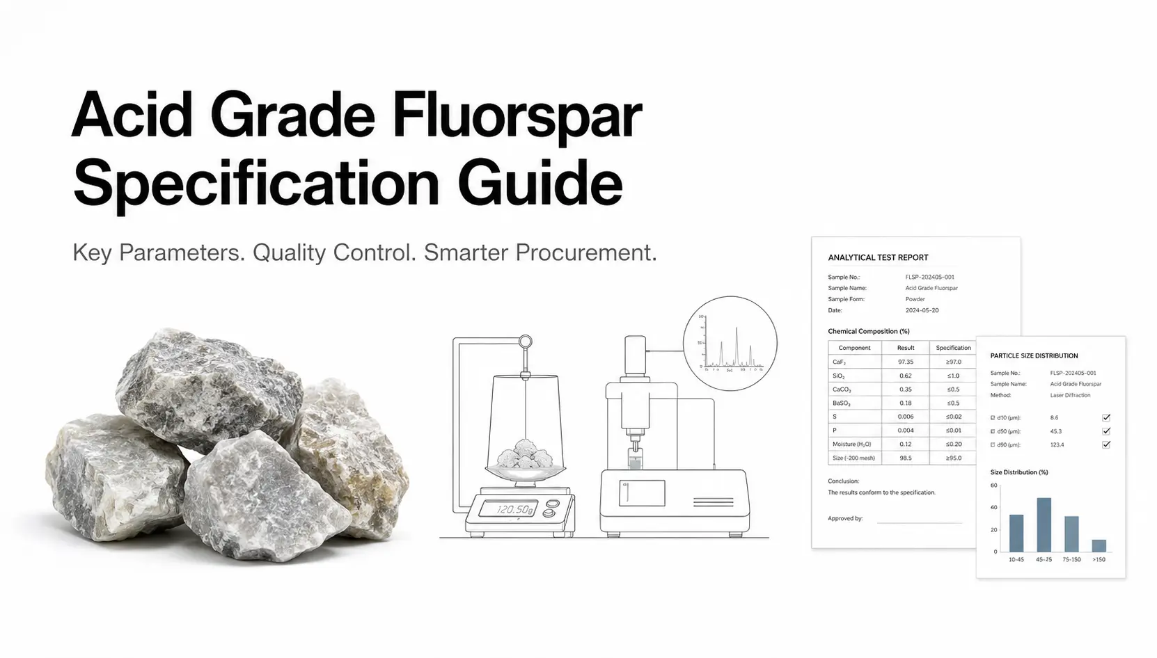 Acid grade fluorspar specification guide with fluorspar lumps, lab testing equipment, chemical analysis report, and quality control checklist for HF and fluorochemical plants