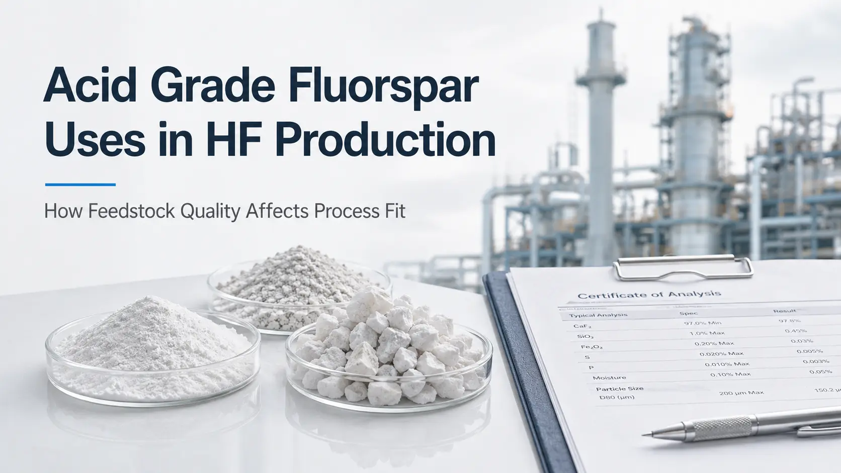 Acid grade fluorspar powder, HF plant background, and COA document showing feedstock quality review for HF production