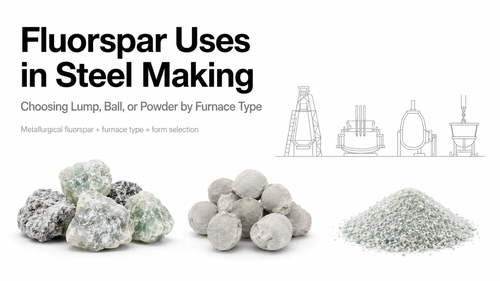 Cover image showing fluorspar lump, fluorspar ball, and granulated fluorspar for steel making form selection by furnace type