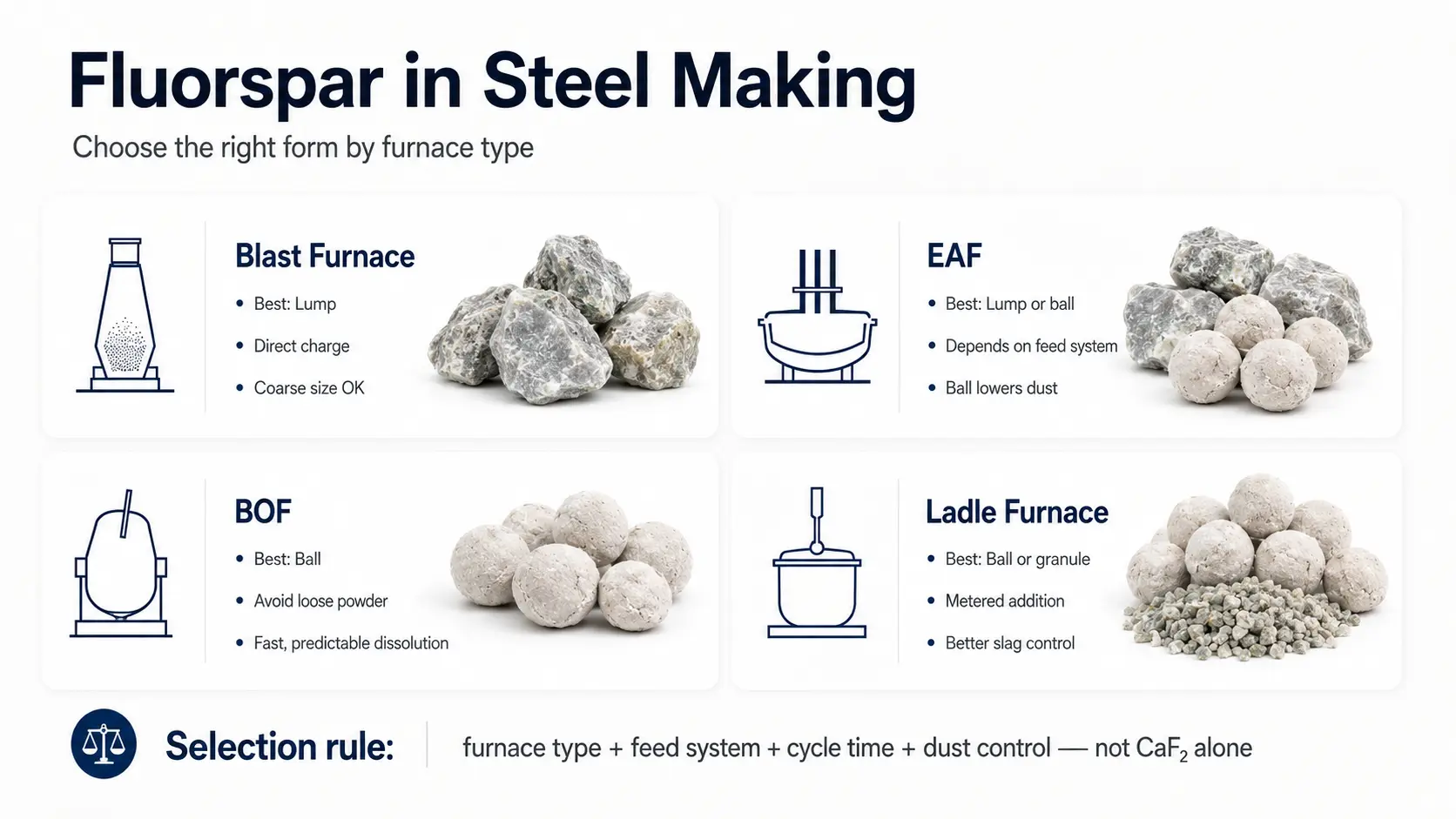 Infographic showing how fluorspar lump, ball, and granule forms match blast furnace, EAF, BOF, and ladle furnace applications in steel making
