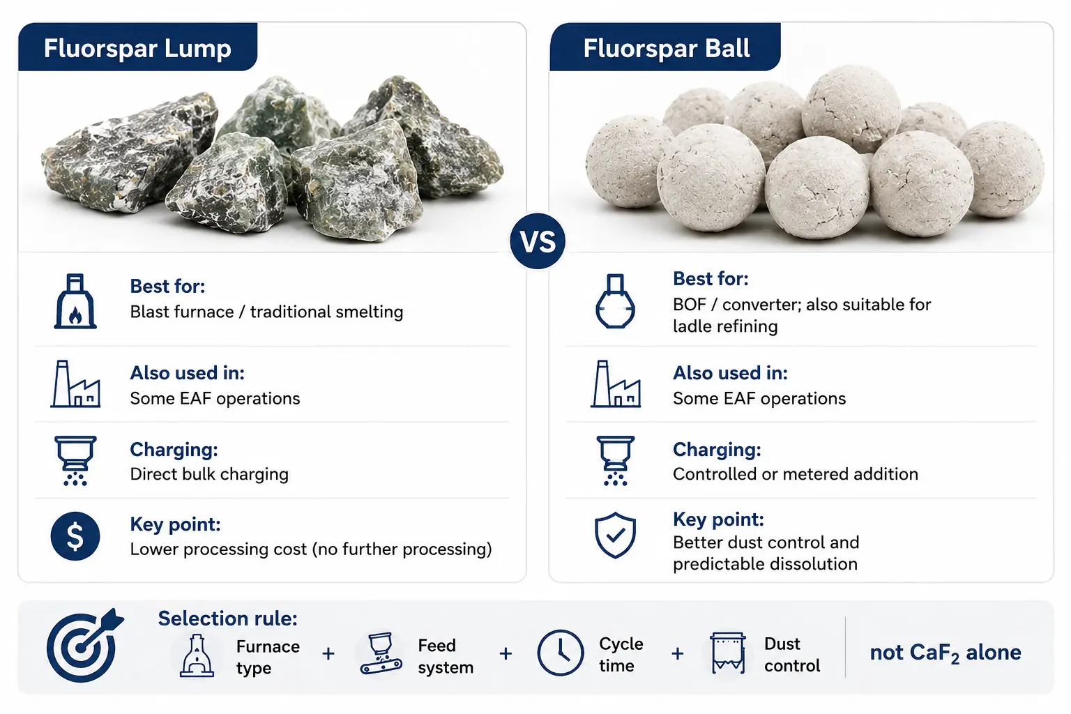 Comparison of fluorspar lump and fluorspar ball for steel making, showing furnace fit, charging method, dust control, and dissolution behavior