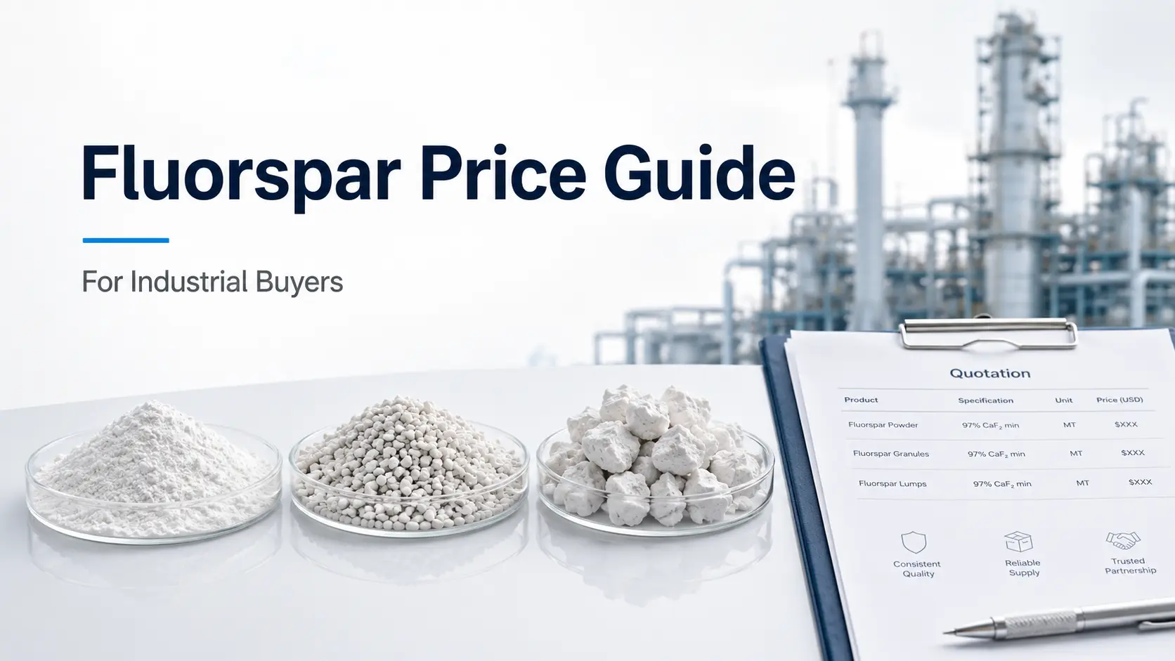 Fluorspar price guide for industrial buyers showing powder, briquettes, lumps and an industrial quotation sheet