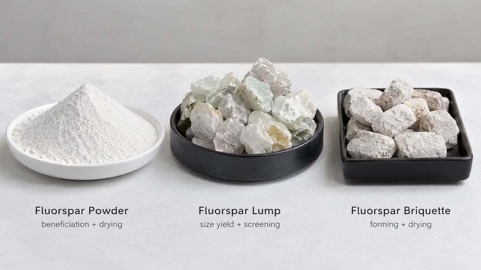 Fluorspar powder, lump and briquette showing different product forms and processing cost structures