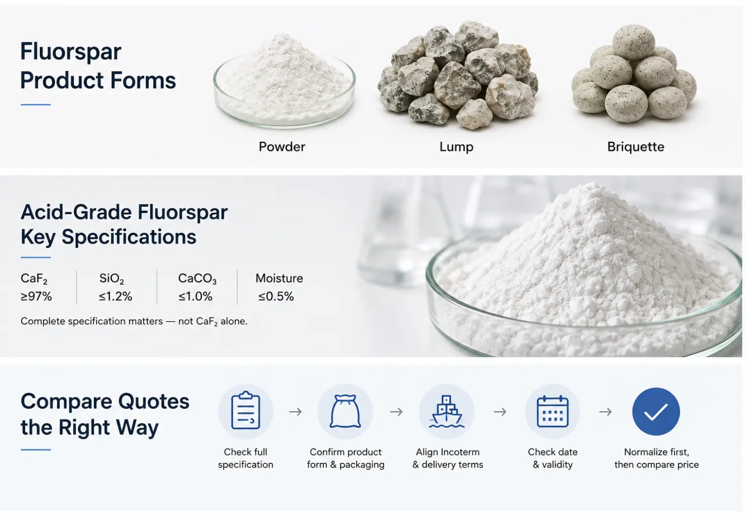 Acid-grade fluorspar specification example showing CaF₂, SiO₂, CaCO₃, moisture and key impurity limits