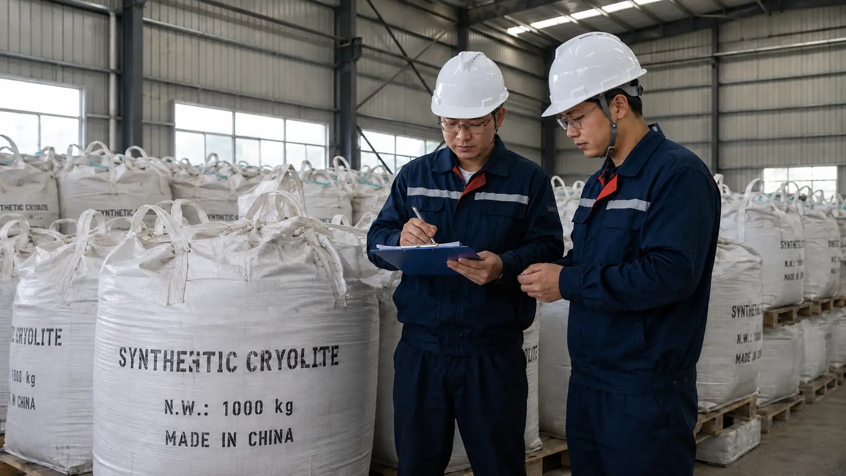 Staff inspecting synthetic cryolite bulk bags for lot traceability before aluminium potline commissioning