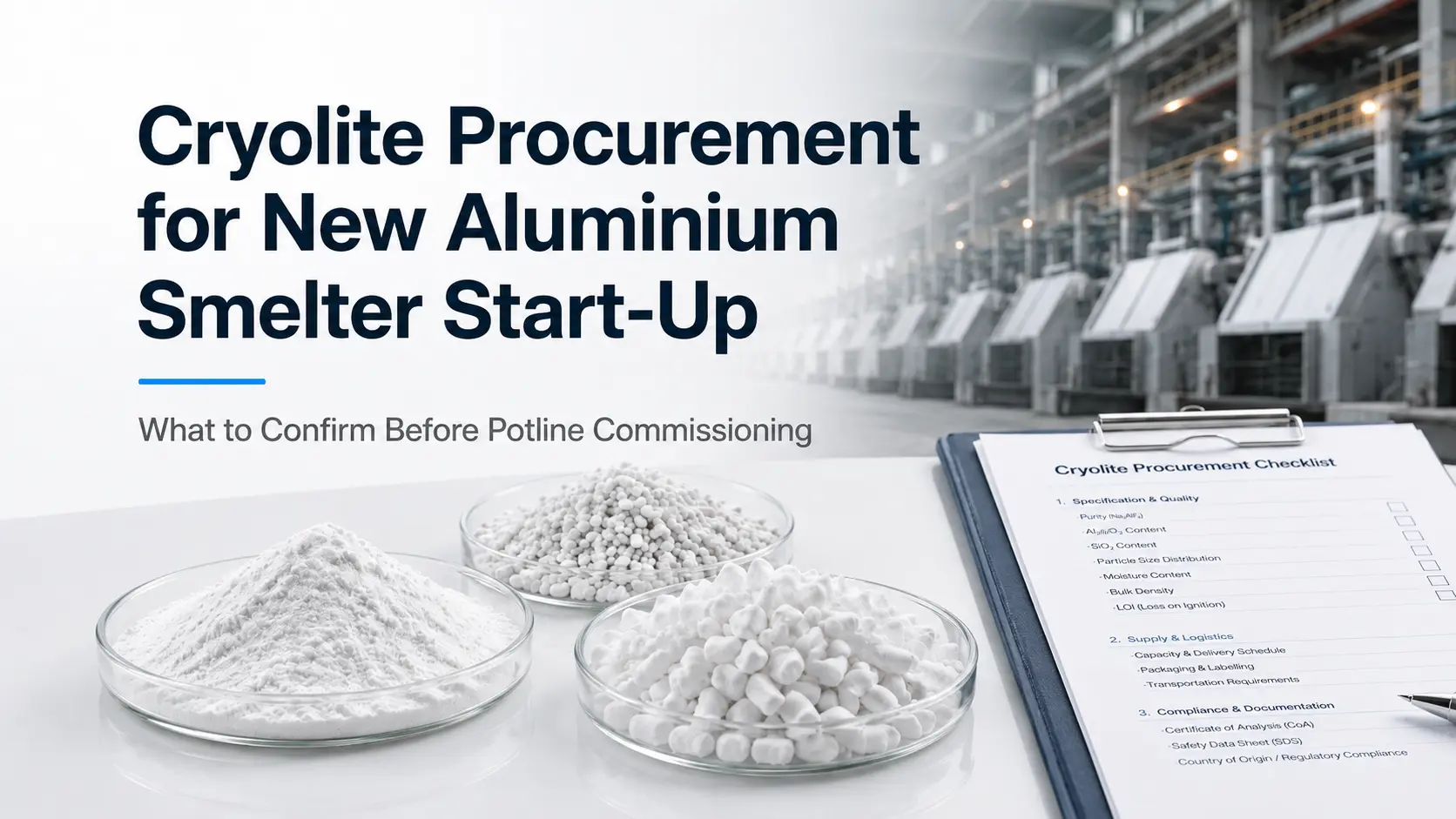 Synthetic cryolite samples and procurement checklist for potline startup and aluminium smelter commissioning