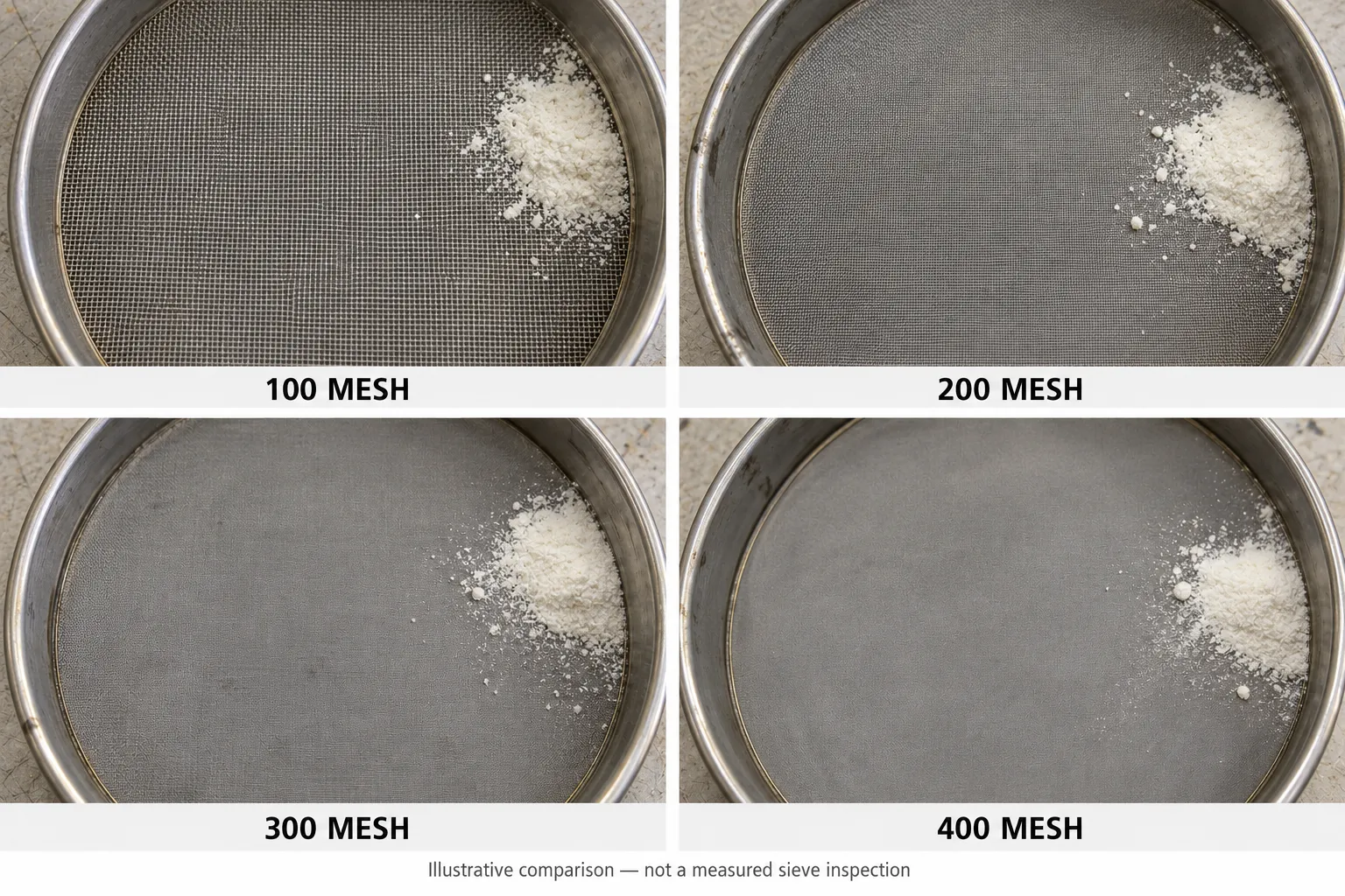 Cryolite powder and granules in metal trays beside test sieves, illustrating particle size distribution and mesh specifications.