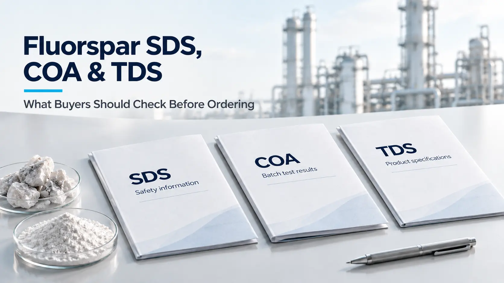 Fluorspar samples beside illustrative SDS, COA and TDS documents showing their different roles in procurement