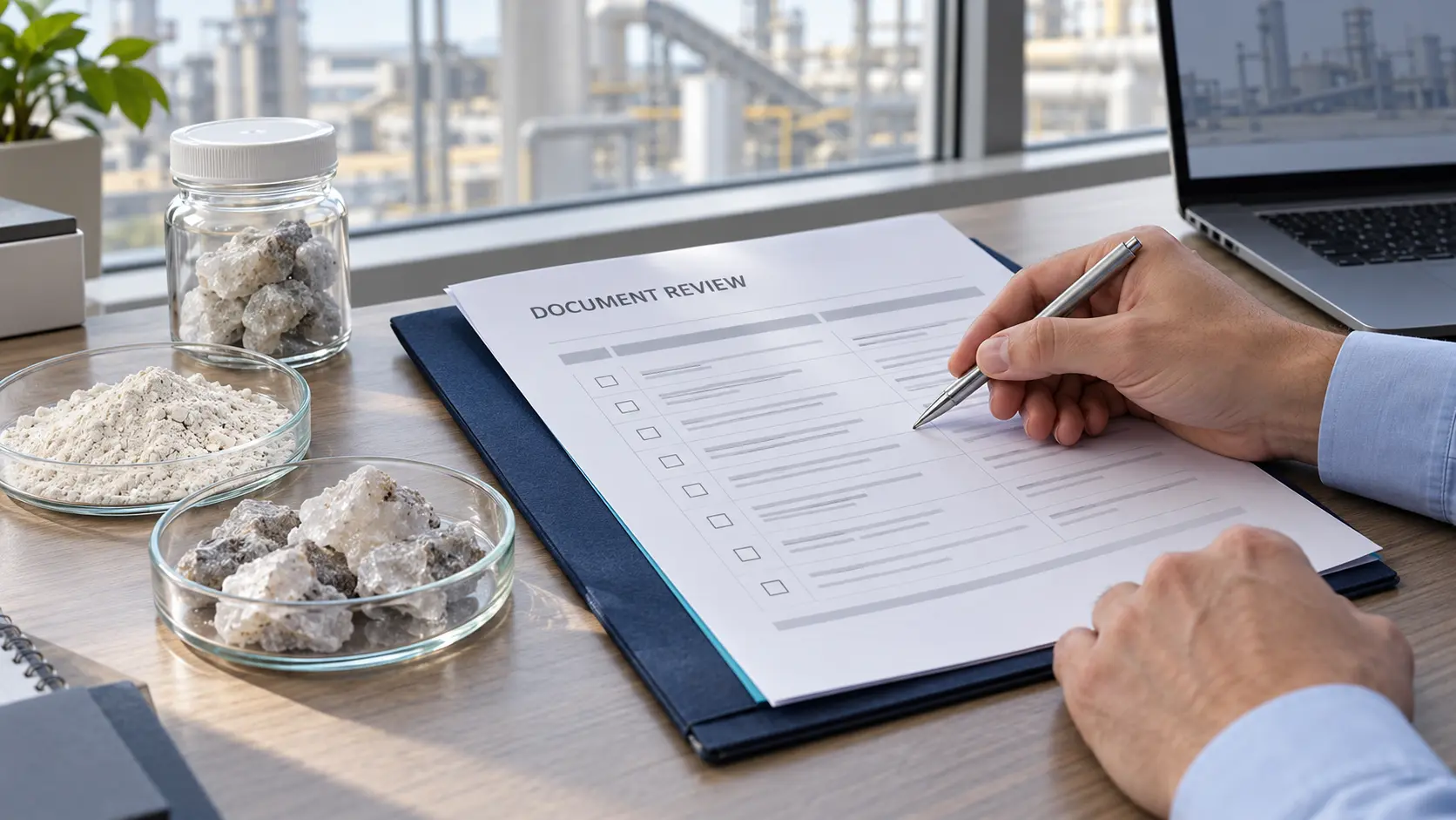 Illustration of a buyer reviewing procurement documents beside fluorspar powder and lump samples