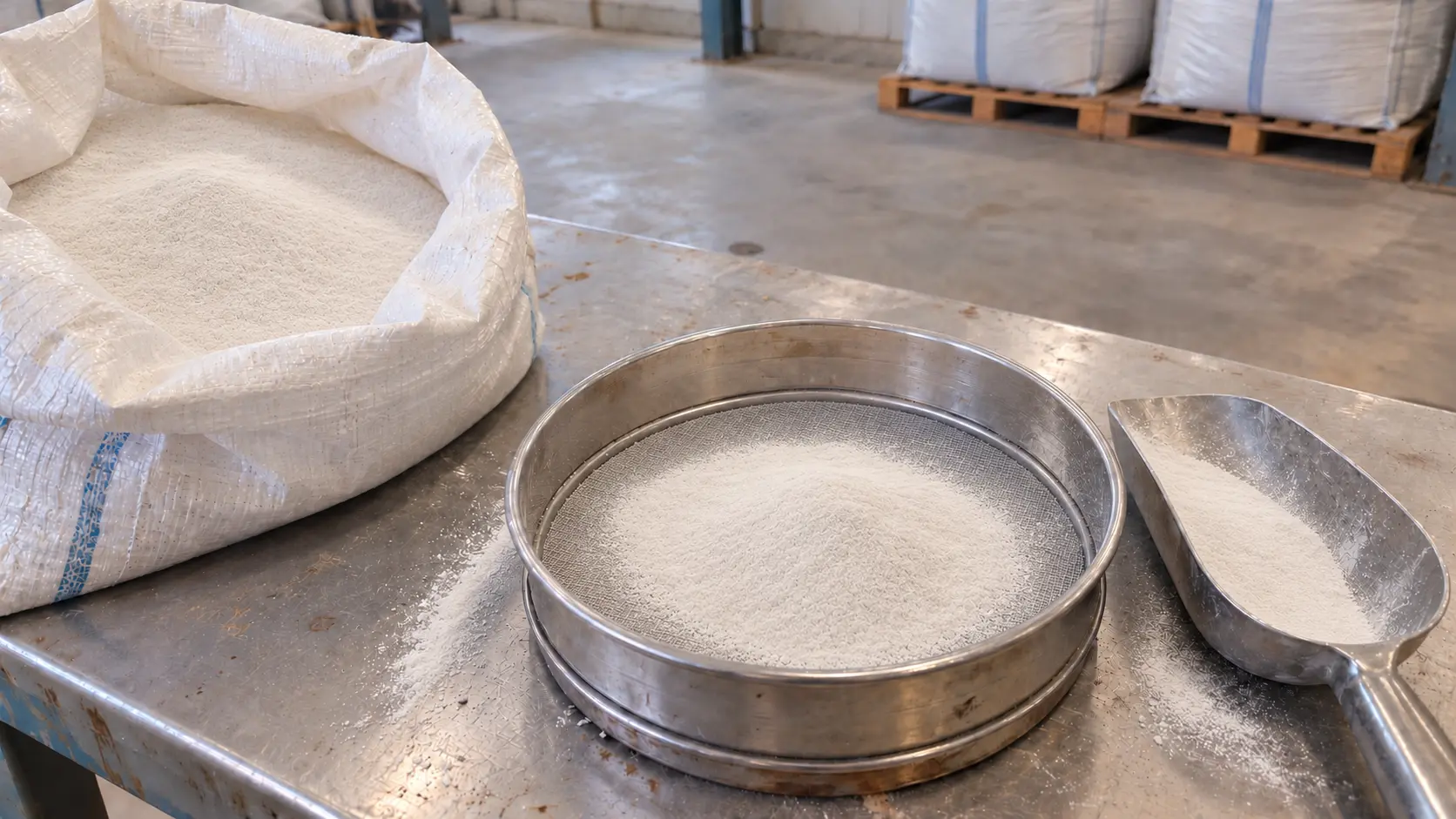 Illustration of granular cryolite samples and a test sieve with an aluminium potroom in the background.