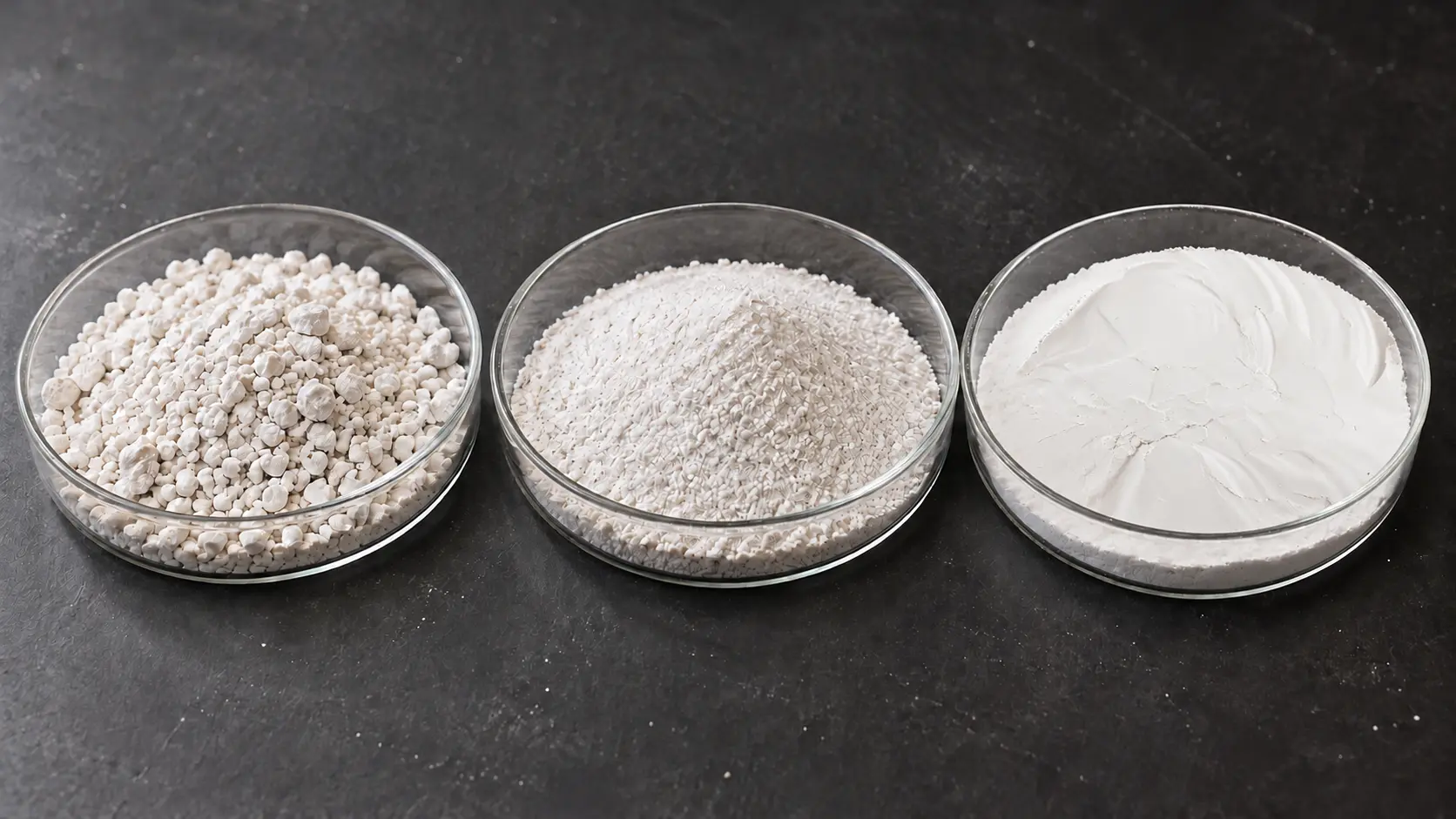 Illustration of cryolite in coarse granular, finer granular and fine powder forms in three glass dishes.