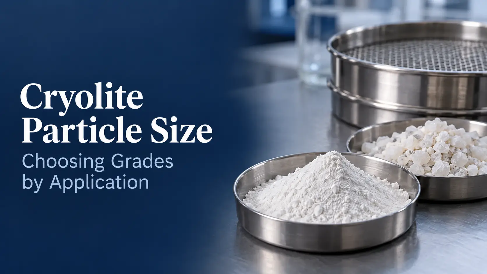 Cryolite particle size selection cover with an illustration of granular and fine powder forms in three glass dishes.